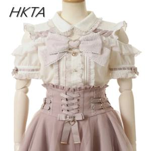 일본 Liz Mine 여성 셔츠 여름 오프 숄더 빅 보우 반소매 탑 귀여운 소녀 블라우스하이 웨스트 스커트 2 피스 스커트 세트