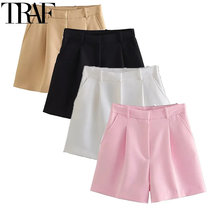 TRAF 여성 반바지 블랙 핑크 반바지 여성 여름 2024 Pleated Baggy White 반바지 여성용 캐주얼 하이 웨이스트 짧은 바지