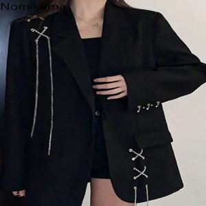 블랙 블레이저 여성 의류 2025 Ropa Mujer streetwear 기질 Y2k 재킷 캐주얼 패션 붕대 한국 오버 사이즈 코트