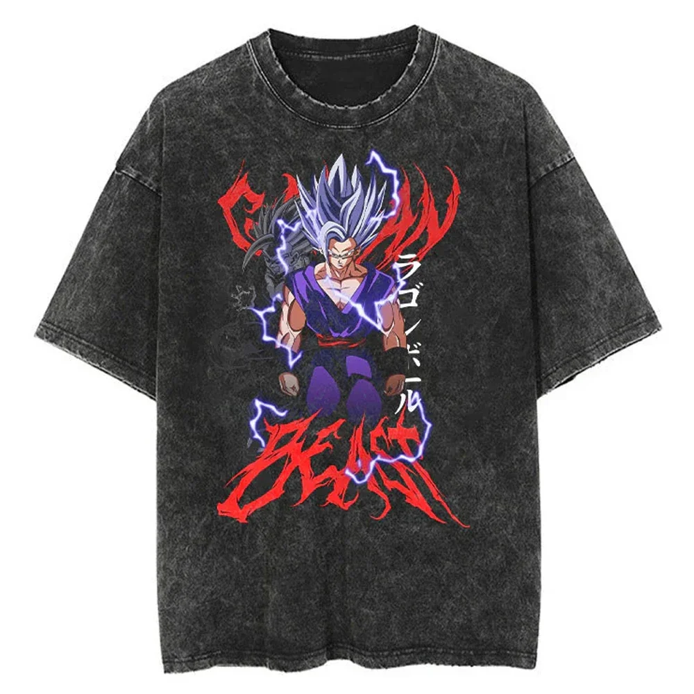 2024 Men Washed Tshirt 패션 빈티지 일본 애니메이션 드래곤 볼 프린트 오버 사이즈 티셔츠 streetwear 힙합 하라주쿠 코튼 티셔츠
