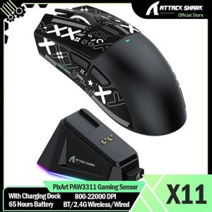 ATTACK SHARK X11 무선 게이밍 마우스(충전 도크 포함) PixArt PAW3311 게이밍 센서, BT/2.4G 무선/유선