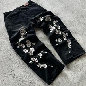 Y2K 헐렁한 청바지 하라주쿠 빈티지 벚꽃 자수 고품질 청바지 streetwear 힙합 고딕 남성 여성 넓은 다리 청바지