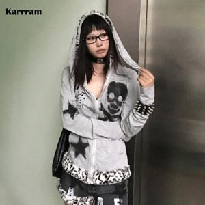 Karrram 일본 Y2k 토끼 귀 자켓 고딕 해골 프린트 후드 겉옷 빈티지 하라주쿠 지퍼 스웨터 그런지 미학