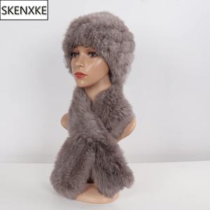 여성용 진짜 토끼 모피 모자 스카프 세트, 천연 토끼 모피 모자 스카프, 레이디 따뜻한 진짜 토끼 모피 모자 머플러, 2 피스, 핫 세일