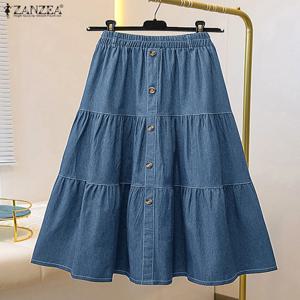 가을 탄성 허리 솔리드 스커트 ZANZEA 패션 여성 데님 블루 스커트 우아한 a 라인 작업 오버 스커트 캐주얼 루즈 홀리데이 Jupe