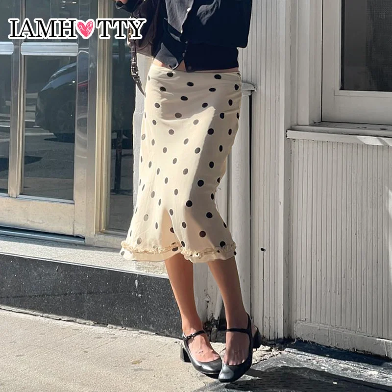 IAMHOTTY 도트 프린트 미디 카프 스커트, Y2K 미적인 로우 웨이스트 스트레이트 스커트, 프랑스 스타일 구김 가장자리 밑단 펜슬 스커트, 시크한 여성