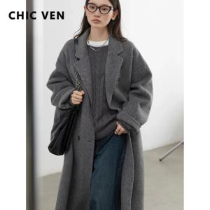 CHIC VEN 여성 모직 코트 더블 브레스트 기본 루즈 캐주얼 레트로 뉴 롱 양면 여성 오버코트 가을 겨울 2024