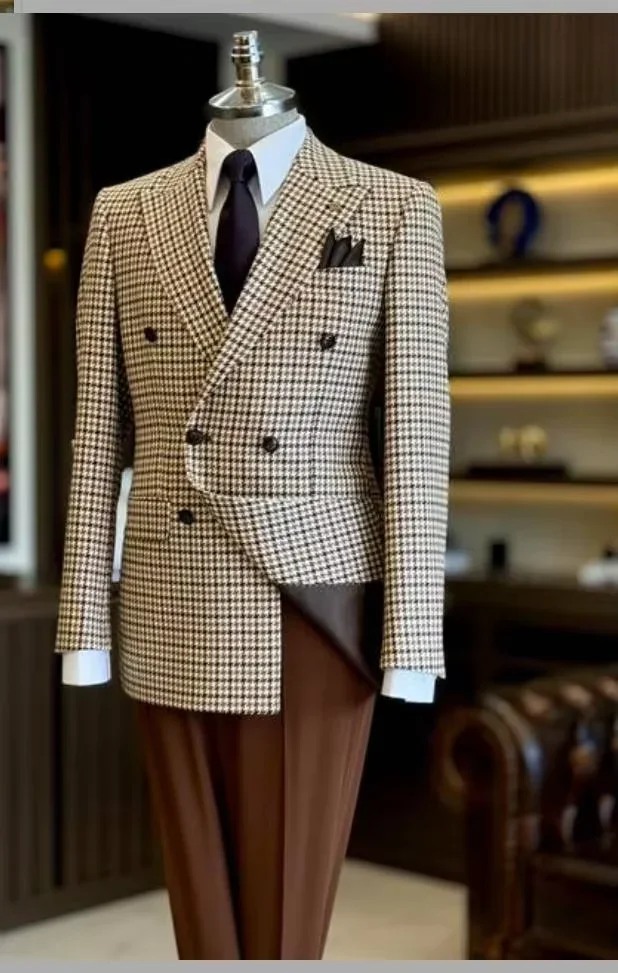 최신 디자인 Houndstooth 재킷 남자 정장 세트 갈색 바지 파파 옷깃 더블 브레스트 블레이저 웨딩 신랑 댄스 파티 드레스