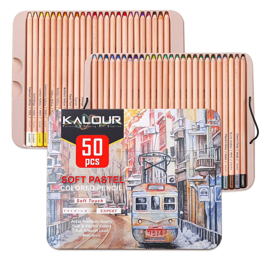 KALOUR 50 조각 전문 소프트 파스텔 컬러 연필 우드 스킨 색조 아티스트 색칠 미술 용품에 대한 파스텔 컬러 연필
