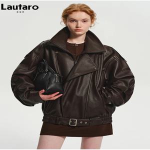 Lautaro 용수철 여성용 오버사이즈 PU 가죽 재킷, 긴팔 집업, 럭셔리 디자이너, 미국 레트로 의류, 멋진 다크 브라운, 가을