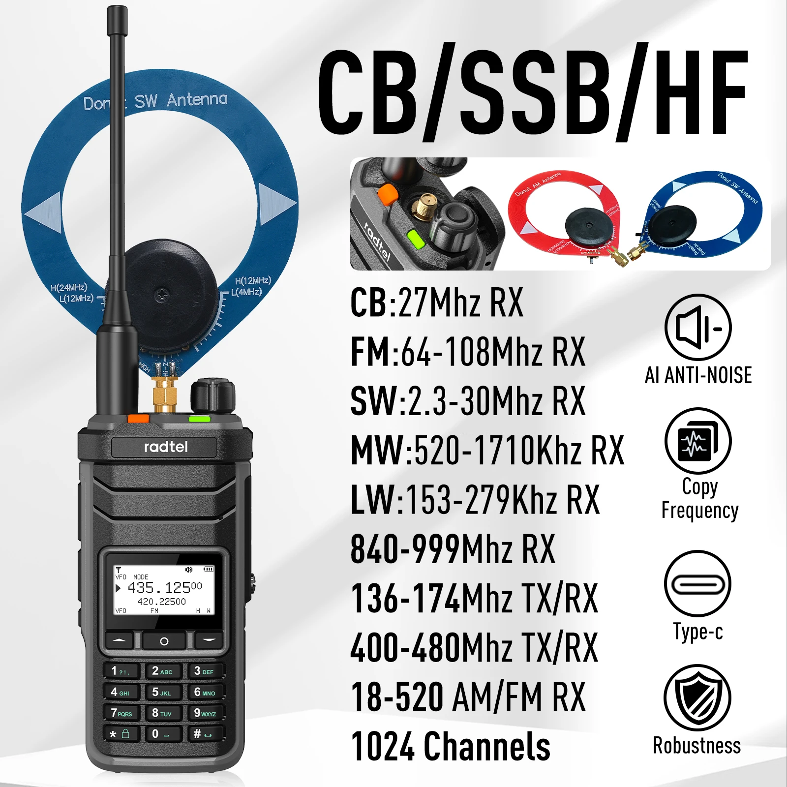 Radtel RT-860 멀티 밴드 햄 라디오 HF UHF VHF 듀얼 밴드, AM USB LSB CW CB LW MW SW SSB 수신, 1024 채널, 2000mAh 배트