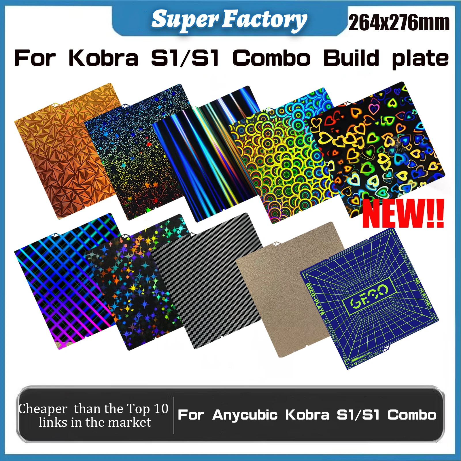 Anycubic Kobra S1 플레이트 Pei 시트 264x276 PEI 질감 H1H PET Kobra S1 콤보 빌드 플레이트 Kobra S1C 3d 용 홀로그램 핫 베드