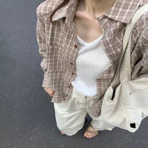 한국어 스타일 순수 코튼 체크 무늬 셔츠 여성 이너웨어 레이어드 느슨한 고기 은폐 슬리밍 오픈 카디건 긴 소매 통근 탑