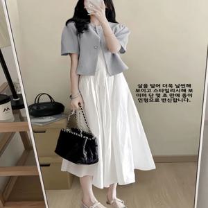 한국어 스타일 조끼 스커트 세트 플러스 사이즈 코트 배꼽 커버 슬리밍 드레스 두 조각 세트 높은 허리 느슨한 맞는 여름 캐주얼웨어