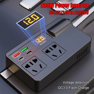자동차 인버터 전원 어댑터 200W DC 12V/24V AC 220V 변환기 QC 3.0 USB/PD/Type-C 충전기 전압 감지 ON/OFF 스위치