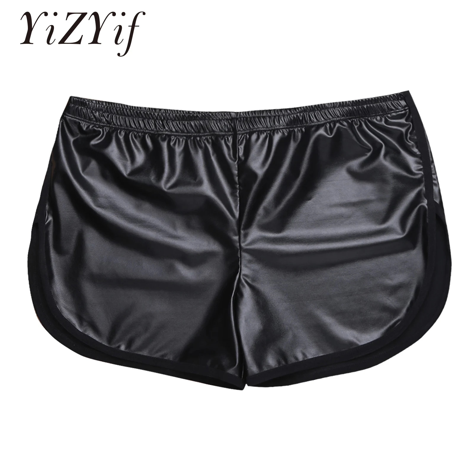 YiZYiF 반짝 이는 반바지 남자 복서 반바지 가짜 가죽 스포츠 핫 복서 피트니스 짧은 바지 백 포켓 체육관 남자 반바지 남자 옷