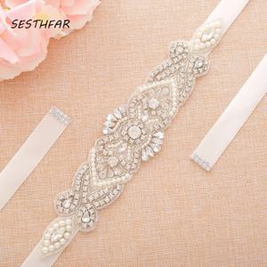 SESTHFAR 크리스탈 진주 신부 벨트 핸드 페르시 웨딩 벨트 실버 라인 석 웨딩 드레스에 대한 신부 새시
