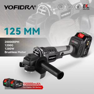 YOFIDRA 무선 브러시리스 앵글 그라인더, 효율적인 목재 절단 연마 전동 공구, 마키타 18V 배터리, 3 단 기어, 125mm