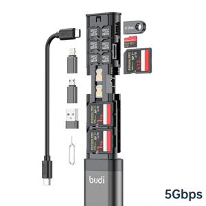 BUDI 9 In 1 다기능 상자 USB 3.0 데이터 전송 65W 고속 충전 케이블 SD TF 카드 보관함(아이폰용)