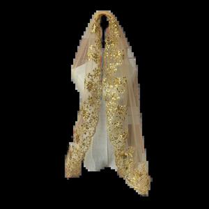 럭셔리 스팽글 아플리케 레이스 가장자리가 있는 골드 웨딩 베일 짧은 두 레이어 Tulle Bridal Veil 2022