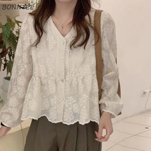 여성용 우아한 미적 프레피 패션 루즈핏 꽃 자수 디자인, 긴 소매 여성 상의, 캐주얼 올매치, 가을 셔츠