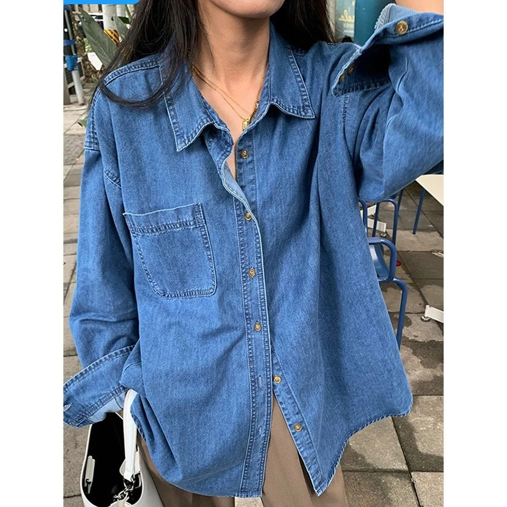 여성용 데님 코트 루즈 탑 캐주얼 셔츠 여성용 빈티지 의류 탑 셔츠 블라우스