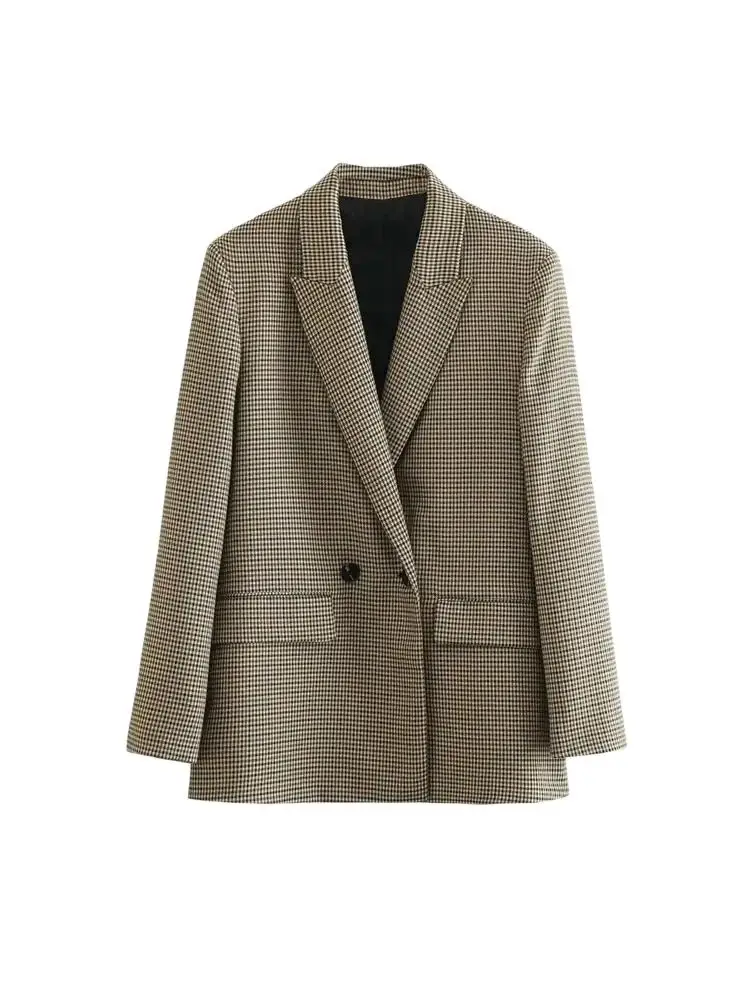 TRZA 여성 패션 더블 브레스트 격자 무늬 블레이저 코트 빈티지 긴 소매 플랩 포켓 여성 겉옷 Chic Vestes Femme
