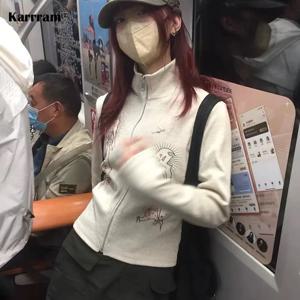 Karrram 일본 하라주쿠 터틀넥 카디건 빈티지 그런지 프린트 자켓 Fairycore Y2k 리브 가디건 E-girl 그래픽 의류