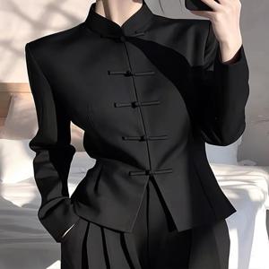 UNXX 가을 중국 스타일 스탠드 칼라 블랙 블레이저 탑 여성 패션 캐주얼 블레이저 빈티지 루즈 긴 소매 모든 경기 코트