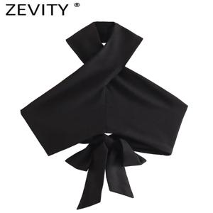 Zevity 여성 섹시한 민소매 백 레스 보우 묶인 블랙 홀터 블라우스 Femme 크로스 스트랩 짧은 셔츠 Chic Blusas Crop Tops LS4317