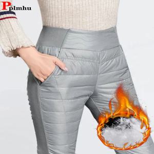 겨울 따뜻한 하이 웨스트 스웨트 팬츠 여성 캐주얼 슬림 탄성 다운 코튼 바지 스노우웨어 클래식 패치 워크 Thicken Chic Pantalons
