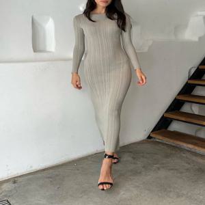 여성 봄 가을 솔리드 컬러 Bodycon 니트 드레스 긴 소매 크루 넥 리브 드레스 슬림 피트 롱 드레스