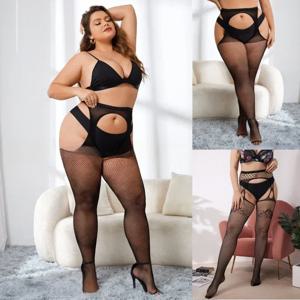 특대 여성 대형 플러스 사이즈 Fishnet 블랙 스타킹 오픈 가랑이없는 바디 꽉 높은 팬티 스타킹 섹시한 스타킹 Overknee 양말