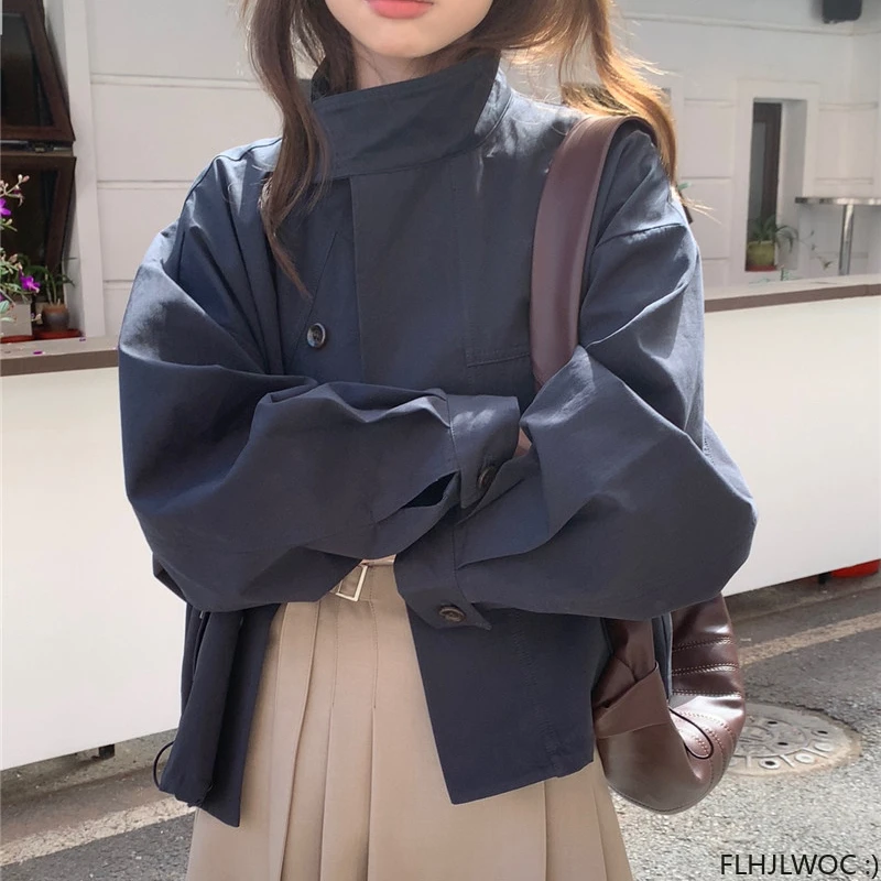 여성용 짧은 겉옷, 캐주얼 루즈핏, 레이지 시크, 긴팔, 코튼 혼방, 얇은 바람막이 코트