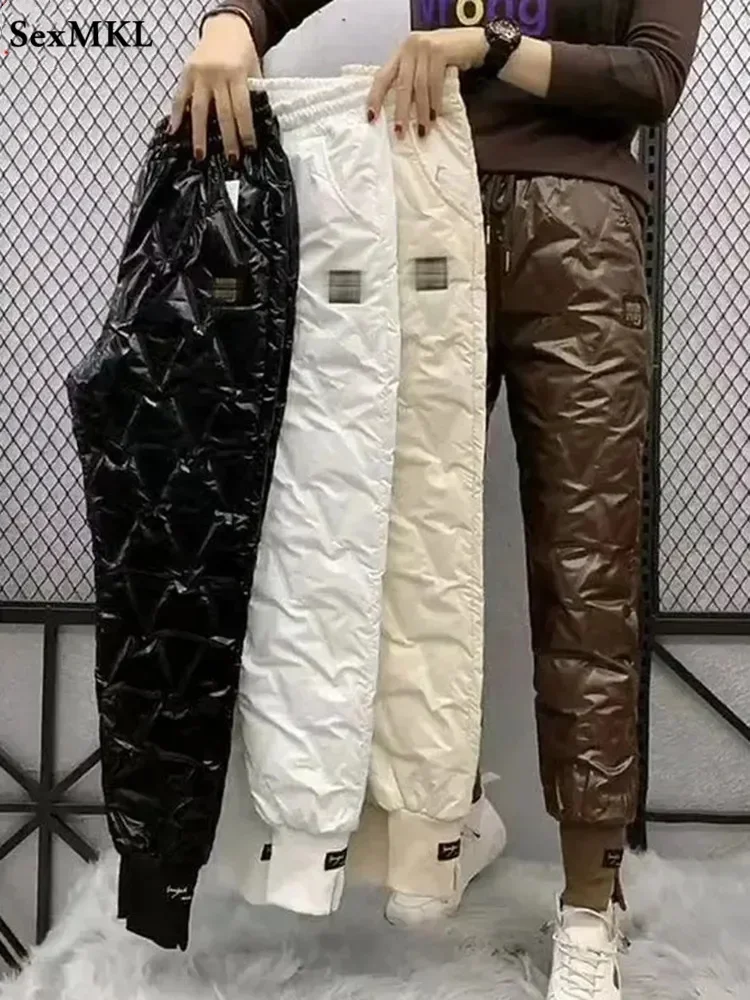 겨울 오버 사이즈 다운 코튼 펜슬 바지 따뜻한 한국 패션 슬림 두꺼운 여성 Pantalones 캐주얼 하이 웨이스트 블랙 바지 4XL