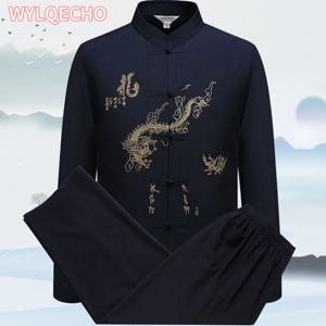 중국 남성 코튼 쿵푸 정장 자수 우 슈 유니폼 태극권 의류 반팔 셔츠 + 바지 M L XL XXL XXXL
