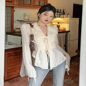 Deeptown Fairycore 레이스 업 블라우스 여성 긴 소매 새로운 턴 다운 칼라 셔츠 Feminina Ladies Cropped Tops Korean Fashion Chic