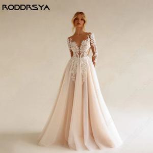 RODDRSYA 보헤미안 긴 소매 웨딩 원피스, 여성용 A 라인 시스루 레이스 아플리케 비치 신부 원피스 웨딩 가운, 맞춤형RODDRSYA 보헤미안 긴팔 웨딩드레스 여성 A자형 투명 레이스 비치 웨딩드레스 맞춤형 웨딩드레스