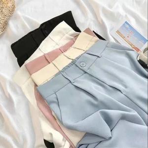 여성 패션 정장 바지 높은 허리 캐주얼 루즈 스트레이트 솔리드 바지 사무실 레이디 streetwear 버튼 탄성 9 포인트 바지