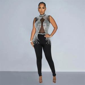 Rompers 메쉬 패치 워크 다이아몬드를 통해 볼 스키니 섹시한 파티 점프 슈트 여성 민소매 우아한 라인 석 나이트 클럽 점프 슈트