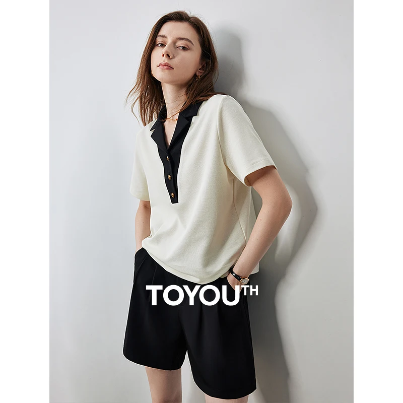 TOYOUTH 여성 대비 색상 폴로 칼라 티셔츠 2025 여름 신작 반팔 탑
