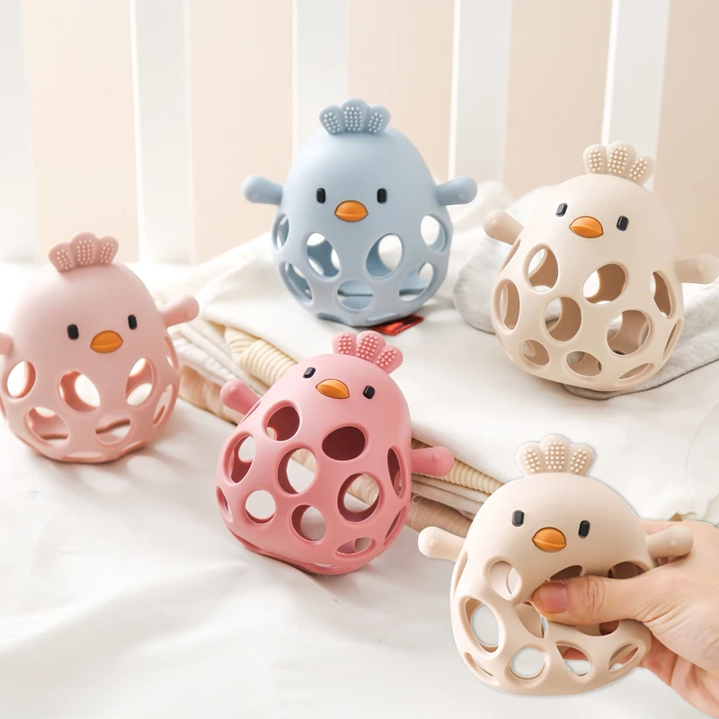 아기 장난감 실리콘 중공 Teether BPA 무료 0 12 개월 만화 귀여운 병아리 유아 장난감 실리콘 딸랑이 아기 액세서리 장난감 선물