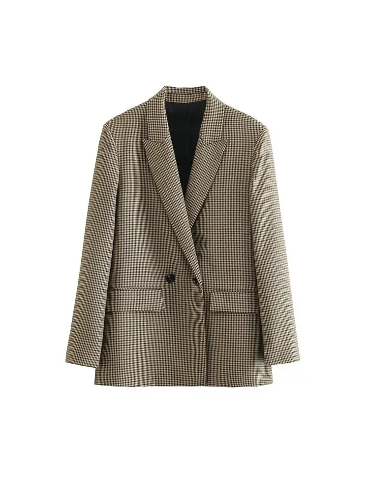 TRZA 여성 패션 더블 브레스트 격자 무늬 블레이저 코트 빈티지 긴 소매 플랩 포켓 여성 겉옷 Chic Vestes Femme
