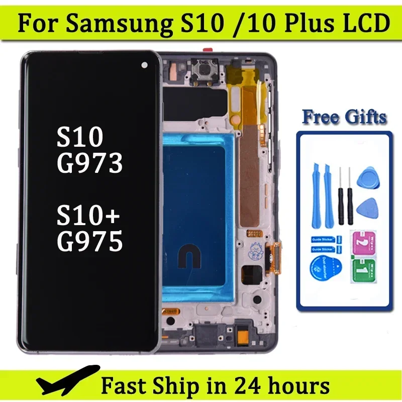 삼성 S10 Plus S10 + G975 G975F Lcd 디스플레이 용 스크린 삼성 S10 G973 어셈블리 용 프레임이있는 디지털 터치 스크린