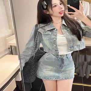 스위트 템퍼러먼트 데님 재킷 A 라인 스커트 투피스 세트, 여성 패션, 한국 다이아몬드 라펠, 솔리드 용수철 대학 시크 레이디 세트