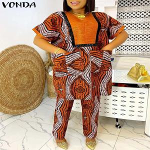 2 조각 세트 여성 여름 인쇄 Loungewear 바지 세트 VONDA 2025 빈티지 짧은 소매 탑 루즈 한 바지 정장 매칭 세트