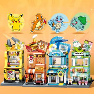 오리지널 박스 포켓몬 피카추-클로 크레인 게임 샵 블록 Charizard Squirtle Bulbasaur 모델 교육용 어린이 장난감 선물용