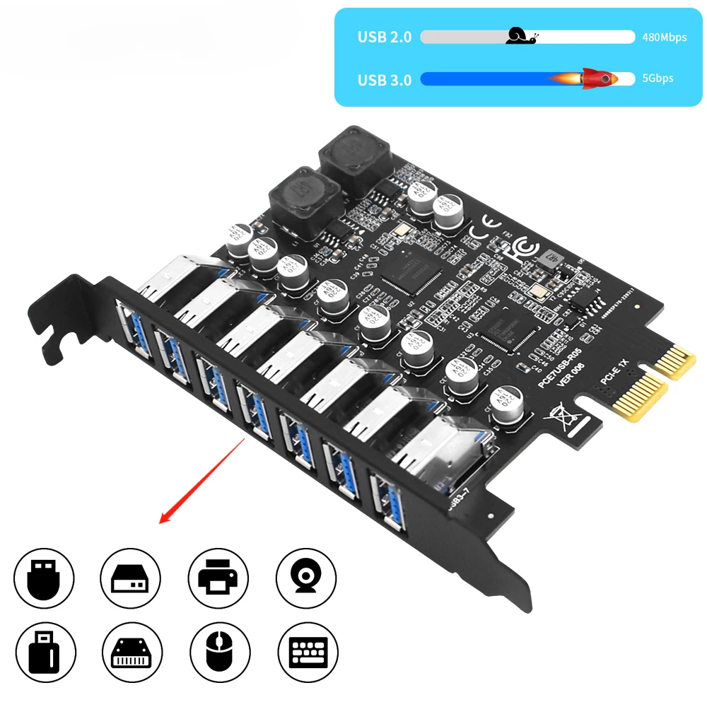 데스크탑용 USB 3.2 Gen1 PCI 익스프레스 멀티플라이어, PCI E-7 포트, USB 3 허브 확장 어댑터 카드, PCI-E 1X 컨트롤러