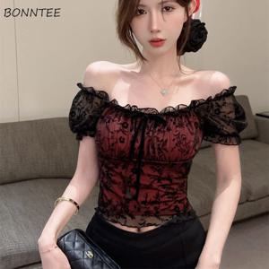 블라우스 여성 레이스 섹시 슬림 탑 뜨거운 여자 여름 세련된 짧은 퍼프 슬리브 매혹적인 백리스 슬래시 넥 메쉬 미적 세련된