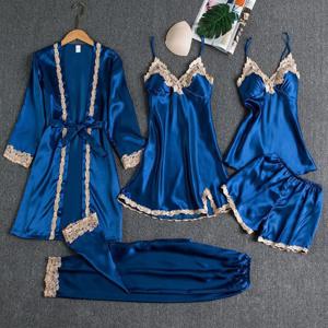 여성 여름 섹시한 잠옷 바지 세트 5 조각 잠옷 Nightdress 탑 반바지 바지 세트 레이스 새틴 실크 잠옷 가운 잠옷